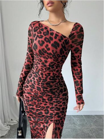 GORGLITTER Women's Maxi Leopard Spring Wedding Guest Dress Drawstring Ruched Asymmetrical Neck Split Dresses in Saudi Arabia
