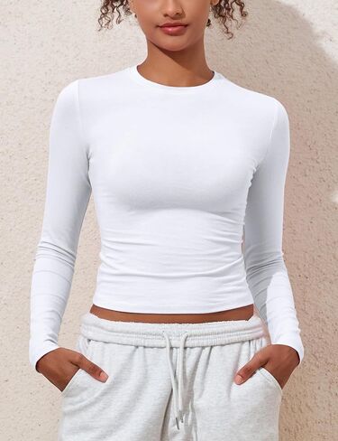 PrettyGuide Women's Cotton Jersey Long Sleeve Shirts Tight Fit Crewneck Crop Tops Basic Fall Going Out Y2K Tops in Kuwait