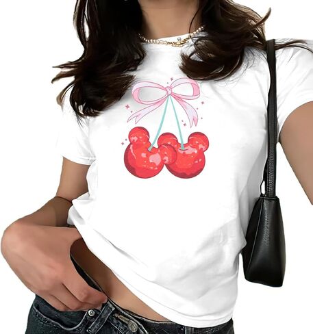 Pink Bow Cherries Shirt Women: Coquette Tops Clean Girl Aesthetic Shirts Casual Summer Short Sleeve Tshirt in Saudi Arabia