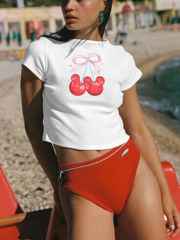 Pink Bow Cherries Shirt Women: Coquette Tops Clean Girl Aesthetic Shirts Casual Summer Short Sleeve Tshirt in Saudi Arabia