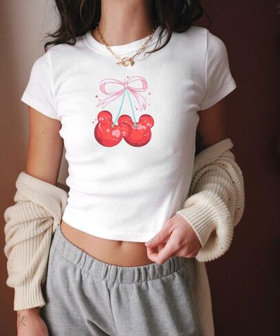 Pink Bow Cherries Shirt Women: Coquette Tops Clean Girl Aesthetic Shirts Casual Summer Short Sleeve Tshirt in Saudi Arabia