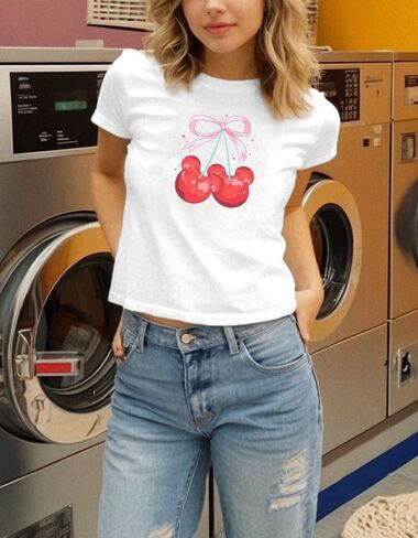 Pink Bow Cherries Shirt Women: Coquette Tops Clean Girl Aesthetic Shirts Casual Summer Short Sleeve Tshirt in Saudi Arabia