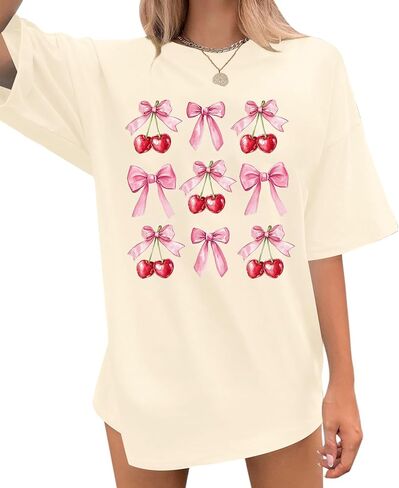 Pink Bow Cherries Shirt Women: Coquette Tops Clean Girl Aesthetic Shirts Casual Summer Short Sleeve Tshirt in Saudi Arabia