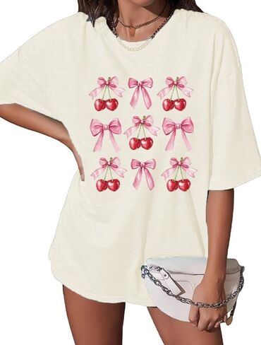 Pink Bow Cherries Shirt Women: Coquette Tops Clean Girl Aesthetic Shirts Casual Summer Short Sleeve Tshirt in Saudi Arabia