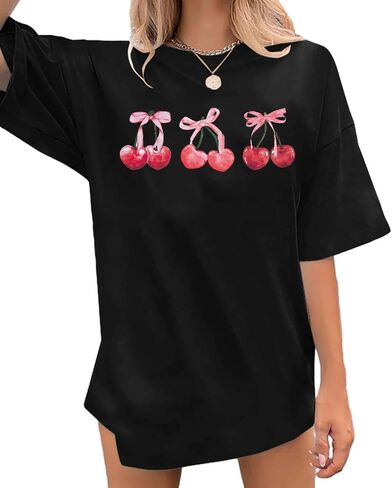 Pink Bow Cherries Shirt Women: Coquette Tops Clean Girl Aesthetic Shirts Casual Summer Short Sleeve Tshirt in Saudi Arabia