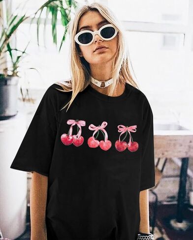 Pink Bow Cherries Shirt Women: Coquette Tops Clean Girl Aesthetic Shirts Casual Summer Short Sleeve Tshirt in Saudi Arabia