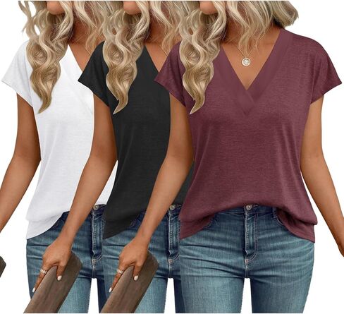 3 Pack Womens Tops V Neck Cap Sleeve T-Shirts Summer Beach Vacation Clothes 2025 Spring Casual Outfits Fashion Basic Tee in Kuwait