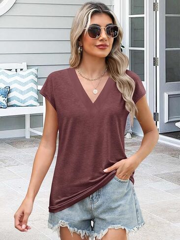 3 Pack Womens Tops V Neck Cap Sleeve T-Shirts Summer Beach Vacation Clothes 2025 Spring Casual Outfits Fashion Basic Tee in Kuwait