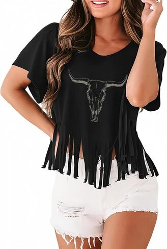 Western Rodeo Fringe Shirts for Women Cowgirl Cowboy Tshirt Cow Skull Vintage Country Music Graphic Tees Tassel Tops in Saudi Arabia