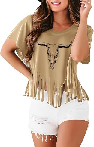 Western Rodeo Fringe Shirts for Women Cowgirl Cowboy Tshirt Cow Skull Vintage Country Music Graphic Tees Tassel Tops in Saudi Arabia