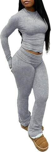 نساء 2 قطعة صالة مجموعات المحاصيل عالية wasit foldover flare leggings السراويل السراويل تجريب العارضة. in Kuwait