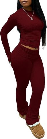 نساء 2 قطعة صالة مجموعات المحاصيل عالية wasit foldover flare leggings السراويل السراويل تجريب العارضة. in Kuwait