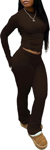 نساء 2 قطعة صالة مجموعات المحاصيل عالية wasit foldover flare leggings السراويل السراويل تجريب العارضة. in Kuwait
