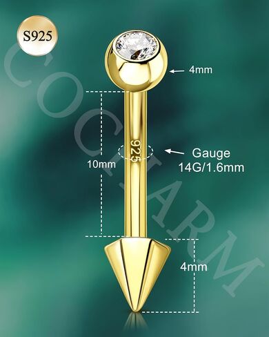 Cocharm 925 Sterling Silver Belly Button Ring 14g Gold Spike Belly Diet Jewelry for Women Men 10mm Belly Bar Nickel Free in Kuwait