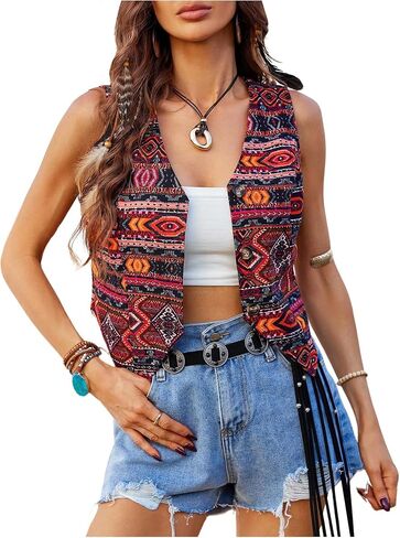 GORGLITTER Women's Embroidered Vest Vintage Sleeveless Open Front Cropped Cardigan Outerwear in Saudi Arabia