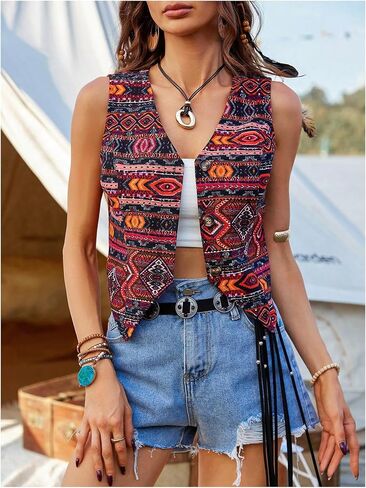 GORGLITTER Women's Embroidered Vest Vintage Sleeveless Open Front Cropped Cardigan Outerwear in Saudi Arabia