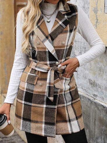 IDEALSANXUN Womens Double Breasted Plaid Vest Tops Fall Winter Sleeveless Blazer Jackets in Saudi Arabia