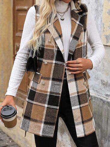 IDEALSANXUN Womens Double Breasted Plaid Vest Tops Fall Winter Sleeveless Blazer Jackets in Saudi Arabia