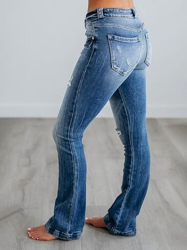 Flamingals Women's Ripped Bootcut Jeans Stretchy Mid Rise Wash Detail Flare Denim Jeans in Saudi Arabia