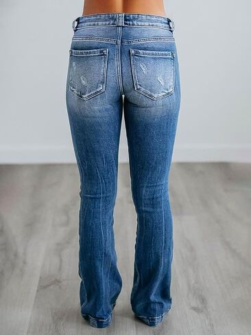 Flamingals Women's Ripped Bootcut Jeans Stretchy Mid Rise Wash Detail Flare Denim Jeans in Saudi Arabia