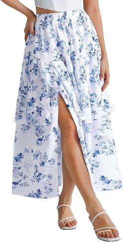 Scarlet Darkness Long Skirts for Women Floral Tiered Slit Flowy Skirt with Pockets in Saudi Arabia