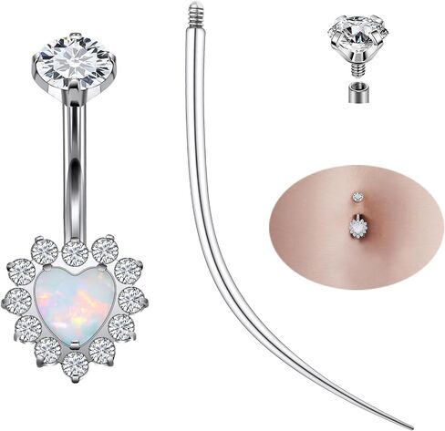 Ruifan ASTM F136 Titanium Belly Button Rings Heart Cubic Zircon Opal Hypoallergenic Internally Threaded 14G Navel Body Piercing Jewelry 10mm 12mm 14mm For Women in Saudi Arabia
