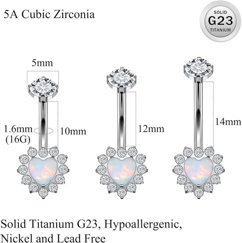 Ruifan ASTM F136 Titanium Belly Button Rings Heart Cubic Zircon Opal Hypoallergenic Internally Threaded 14G Navel Body Piercing Jewelry 10mm 12mm 14mm For Women in Saudi Arabia