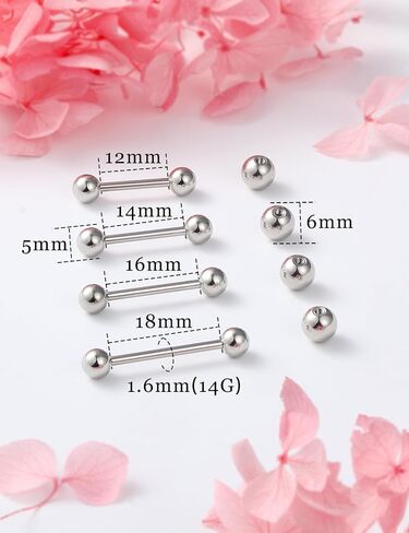 14G Nipple Rings Tongue Rings Stainless Steel Straight Barbell - Tongue & Nipple Piercing Jewelry for Women Length 12MM, 14MM, 16MM, 18MM Replacement Balls 5mm in Kuwait