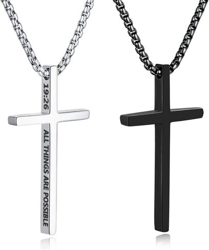 2 Pcs Cross Necklace for Men, Silver Black Stainless Steel Bible Verse Cross Pendant Necklace for Men, 2.5mm Box Chain in Saudi Arabia