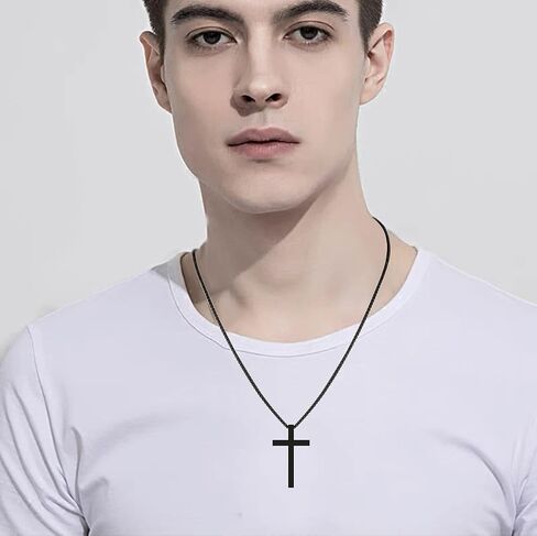 2 Pcs Cross Necklace for Men, Silver Black Stainless Steel Bible Verse Cross Pendant Necklace for Men, 2.5mm Box Chain in Saudi Arabia