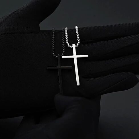 2 Pcs Cross Necklace for Men, Silver Black Stainless Steel Bible Verse Cross Pendant Necklace for Men, 2.5mm Box Chain in Saudi Arabia