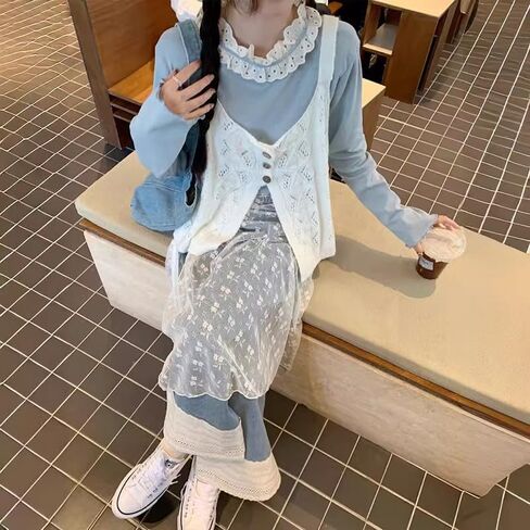 Women Lace Skirt Y2k Skirt Coverup Skirt See Through Lace Layered Skirt Mesh Stacked Wrap Skirt Korean Streetwear in Kuwait