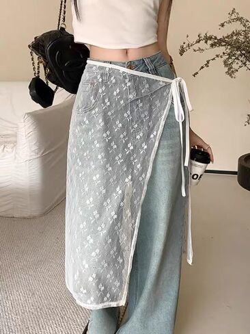 Women Lace Skirt Y2k Skirt Coverup Skirt See Through Lace Layered Skirt Mesh Stacked Wrap Skirt Korean Streetwear in Kuwait