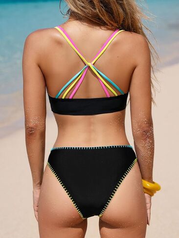 CUPSHE Women's Bikini Sets Two Piece Swimsuit V Neck Crisscross Back Low Rise Stitching Cheeky Bottom in Saudi Arabia