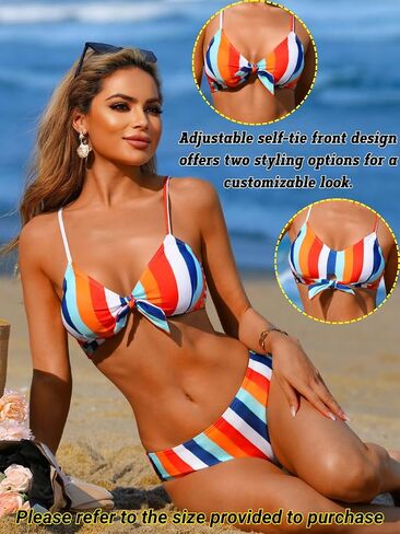 Colorful Striped Bikini Sets for Women&Teen Girls, Self-Tie Front Cute Top, for Casual Surfing Summer Beach in Saudi Arabia
