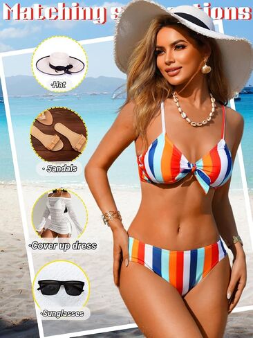 Colorful Striped Bikini Sets for Women&Teen Girls, Self-Tie Front Cute Top, for Casual Surfing Summer Beach in Saudi Arabia