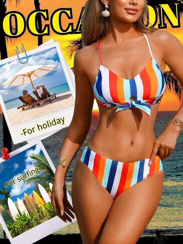 Colorful Striped Bikini Sets for Women&Teen Girls, Self-Tie Front Cute Top, for Casual Surfing Summer Beach in Saudi Arabia