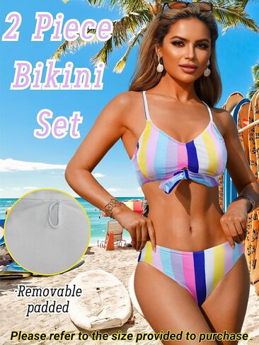 Colorful Striped Bikini Sets for Women&Teen Girls, Self-Tie Front Cute Top, for Casual Surfing Summer Beach in Saudi Arabia