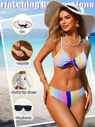 Colorful Striped Bikini Sets for Women&Teen Girls, Self-Tie Front Cute Top, for Casual Surfing Summer Beach in Saudi Arabia