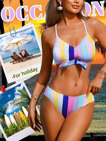 Colorful Striped Bikini Sets for Women&Teen Girls, Self-Tie Front Cute Top, for Casual Surfing Summer Beach in Saudi Arabia