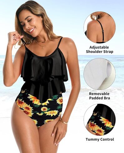 Women's High Waisted Bikini Sets, Ruffled Tankinis Swimsuits for Women Two Pieces Adjustable Straps Bathing Suits in Saudi Arabia