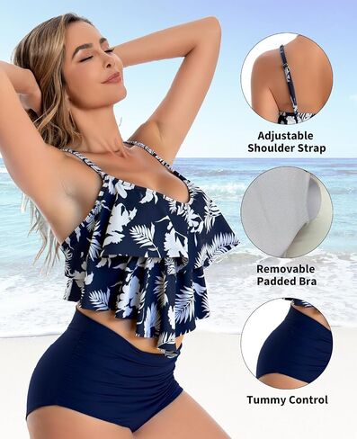 Women's High Waisted Bikini Sets, Ruffled Tankinis Swimsuits for Women Two Pieces Adjustable Straps Bathing Suits in Saudi Arabia