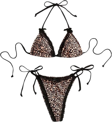 WDIRARA Women's Lace Trim Halter Bikini Set Bow Tie Side Bathing Suit 2 Piece Swimsuit in Kuwait