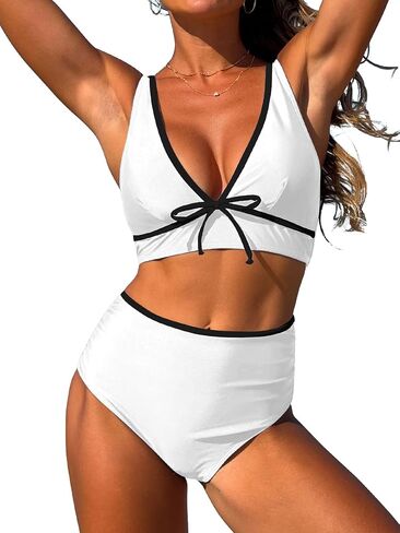 ZAFUL Womens High Waisted Bikini Sets Sexy V Neck Two Piece Swimsuit Cute Bow Ruched Bathing Suit in Saudi Arabia