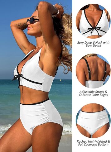 ZAFUL Womens High Waisted Bikini Sets Sexy V Neck Two Piece Swimsuit Cute Bow Ruched Bathing Suit in Saudi Arabia