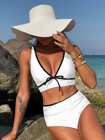 ZAFUL Womens High Waisted Bikini Sets Sexy V Neck Two Piece Swimsuit Cute Bow Ruched Bathing Suit in Saudi Arabia