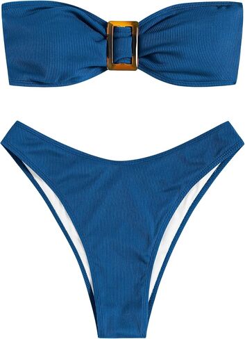 ZAFUL Women's Bandeau Bikini Sets Buckle Strapless Lace Up High Cut 2 Piece Swimsuit Solid Bathing Suit in Saudi Arabia