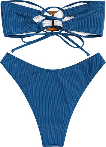 ZAFUL Women's Bandeau Bikini Sets Buckle Strapless Lace Up High Cut 2 Piece Swimsuit Solid Bathing Suit in Saudi Arabia