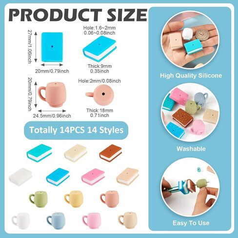 Beadthoven 14pcs Book Silicone Focal Beads for Pens 3D Coffee Cup Silicone Beads for Keychain Making Assorted Rubber Beads Spacers Cute Silicone Teacher Charms for Jewelry Making DIY Crafts Graduation in Saudi Arabia