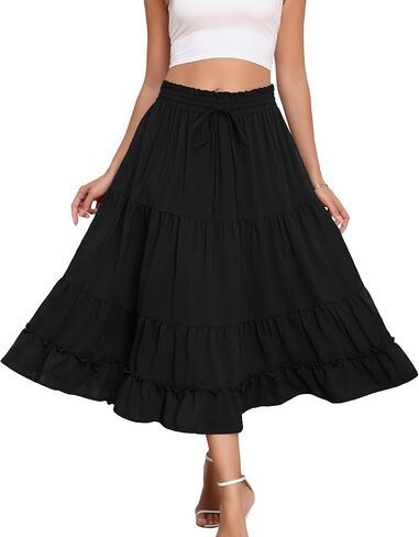 LOUSGUTA Women's Midi Skirt Flowy Ruffle Tiered High Elastic Waist Casual Skirts with Pockets in Saudi Arabia